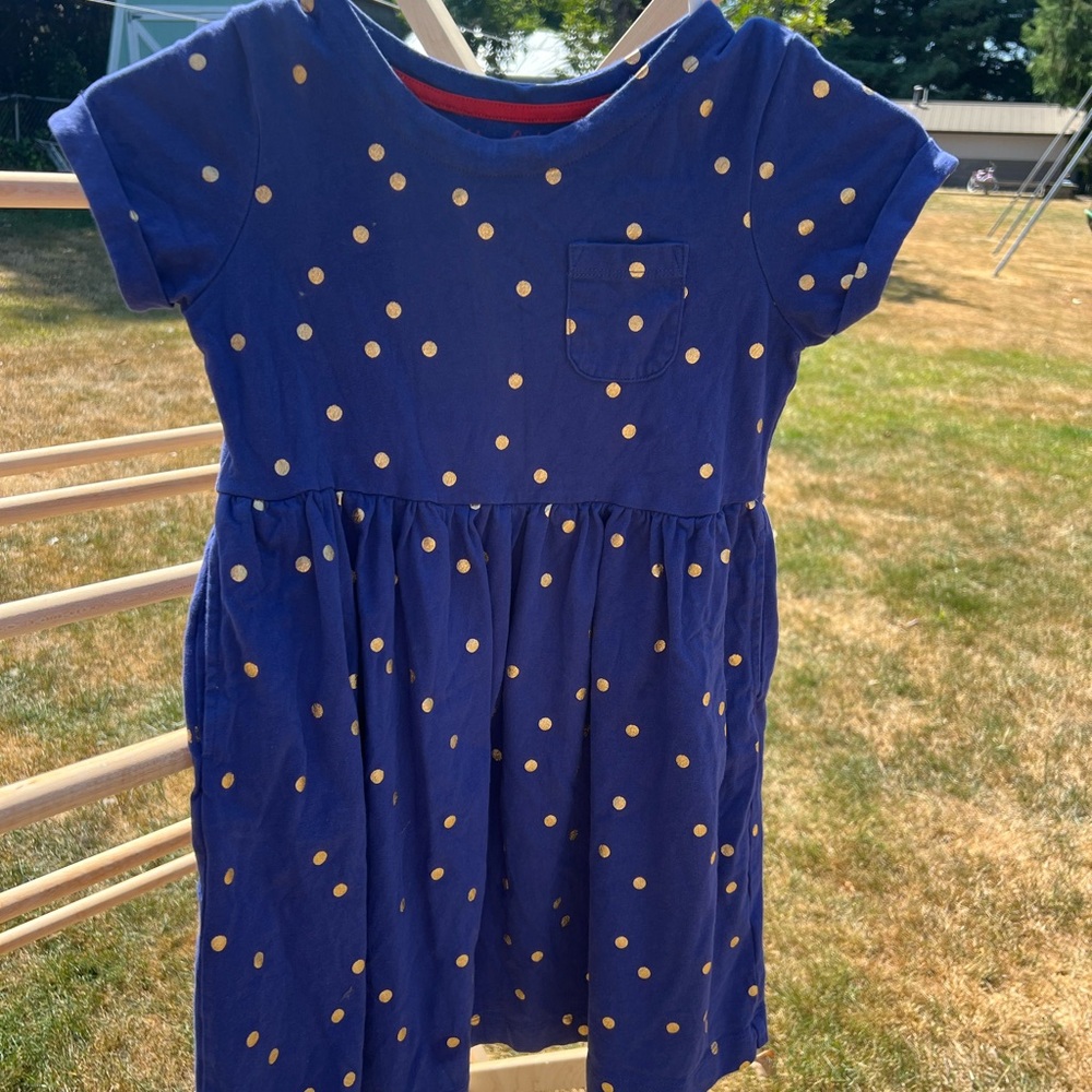 Mini Boden Blue Dress with Gold Polka Dots
